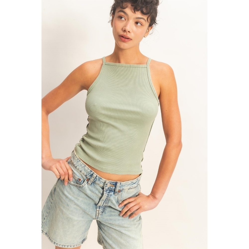 Double Zero Sage Square Neck Ribbed Halter Mineral Wash Cotton Blend Tank Top